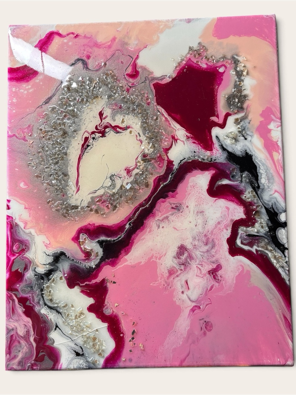Vibrant Pink Geode Canvas Art with Silver Accents